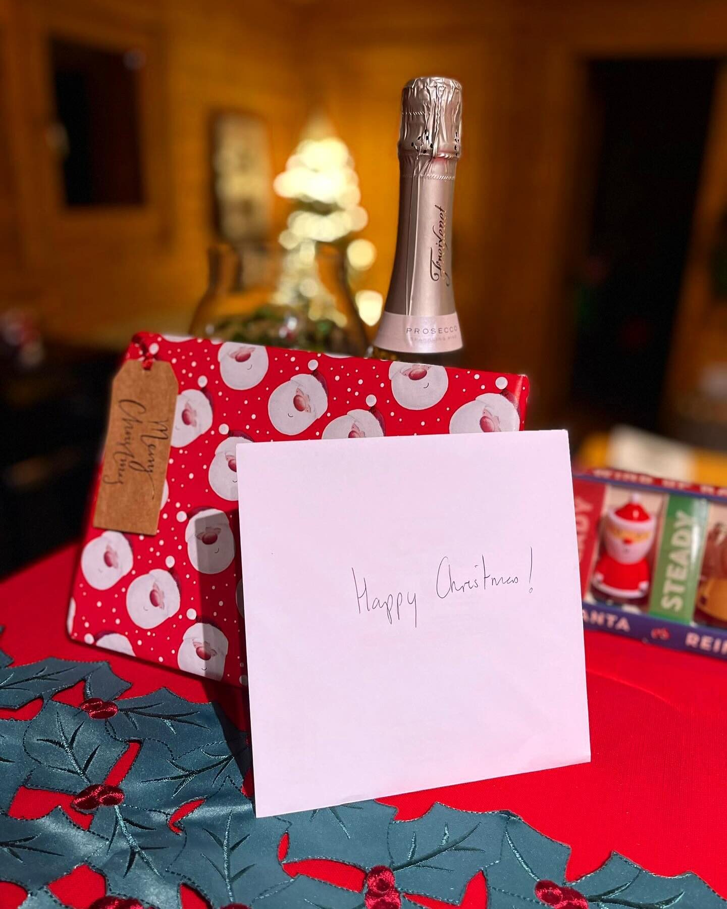 Festive welcome gifts and prosecco prepared for guests